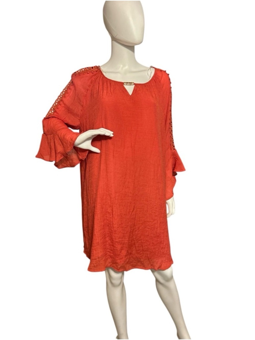 Indigo Rose Red Ruffle See Through Sleeve Midi Lined Dress. Size 2X